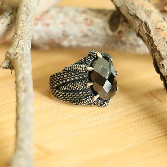 Sterling Silver Eagle Paws Men's Ring CZ Stone - Picture 2 of 8